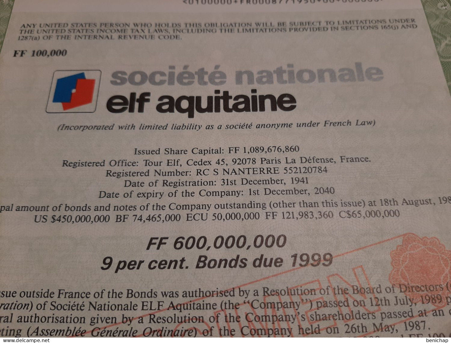 Specimen - Elf Aquitaine Société Nationale - Nanterre - France - 18 Aout 1989. - Oil