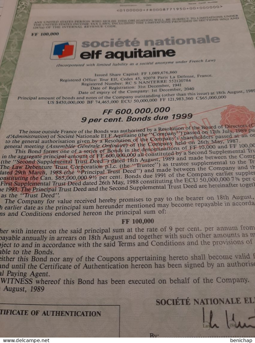 Specimen - Elf Aquitaine Société Nationale - Nanterre - France - 18 Aout 1989. - Erdöl