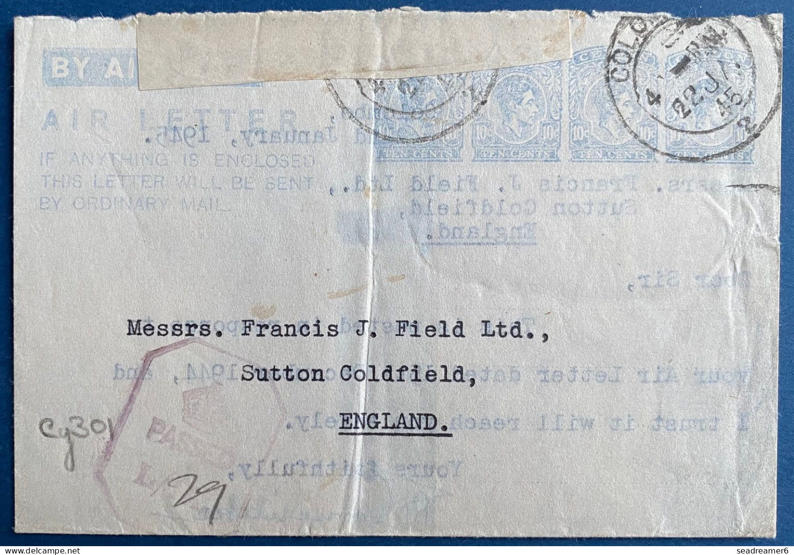 LETTER AEROGRAM CEYLON 22 Jan 45 COLOMBO Ten Cents Blue X4 For ENGLAND + Censor  Rare - Ceylon (...-1947)