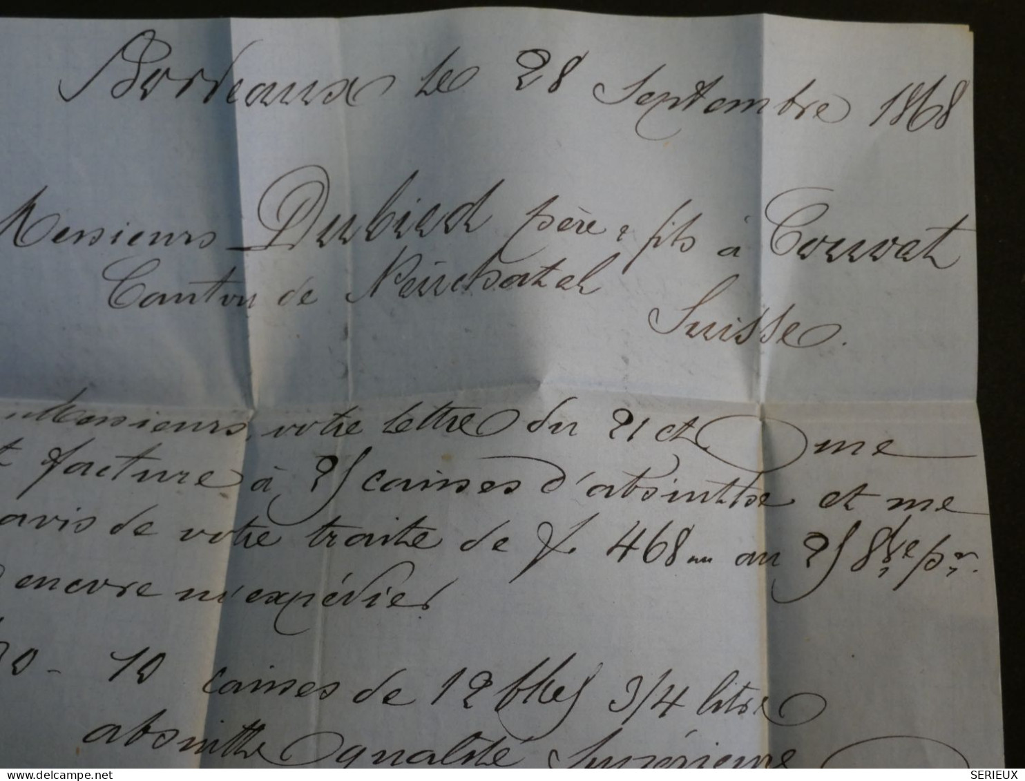 BP20 FRANCE BELLE LETTRE RR 1868 BORDEAUX A COUVET SUISSE NEUCHATEL +NAPOLEONS LAURéS+ AFF. INTERESSANT+ + - 1863-1870 Napoléon III Lauré