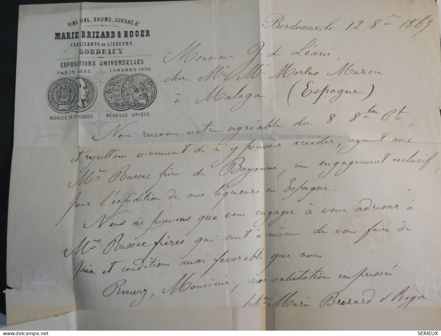 BP20 FRANCE BELLE LETTRE RRR  EN PORT 1865 BORDEAUX A MALAGA ESPANA    + NAPOLEON N° 23 + AFF. INTERESSANT+ + - 1862 Napoléon III