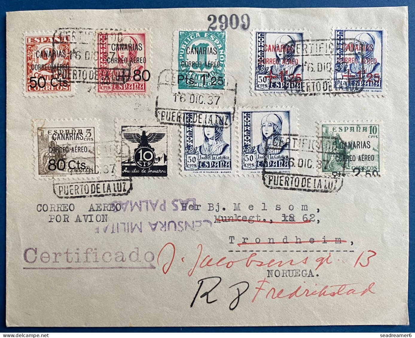 LETTRE España 1937 Canarias Carta De PUERTO DE LA LUZ Censura Militar LAS PALMAS Sellos CANARIAS Por NORUEGA - Cartas & Documentos