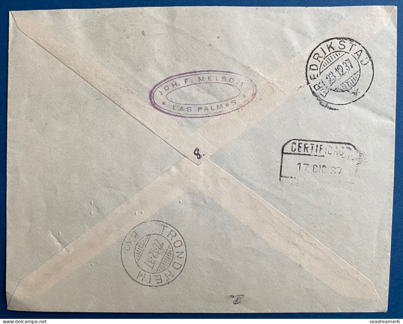 LETTRE España 1937 Canarias Carta De PUERTO DE LA LUZ Censura Militar LAS PALMAS Sellos CANARIAS Por NORUEGA - Storia Postale