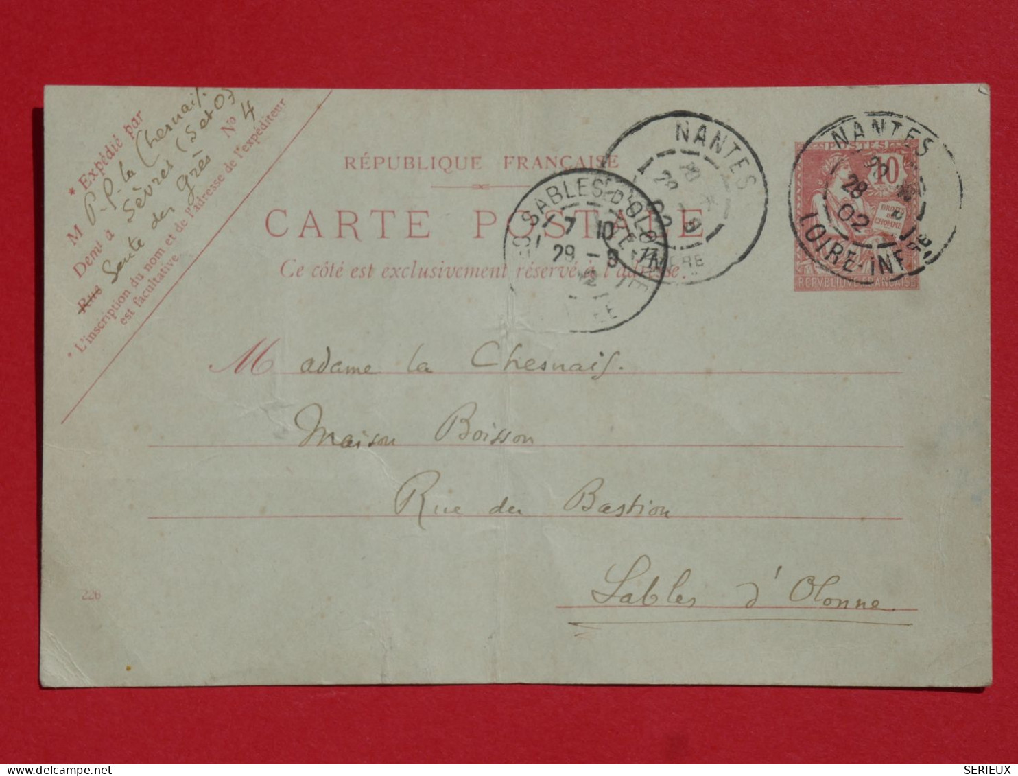 BQ11 FRANCE BELLE CARTE ENTIER MOUCHON   1902 NANTES A OLERON   +AFFRANCH. PLAISANT  + - Sonstige & Ohne Zuordnung