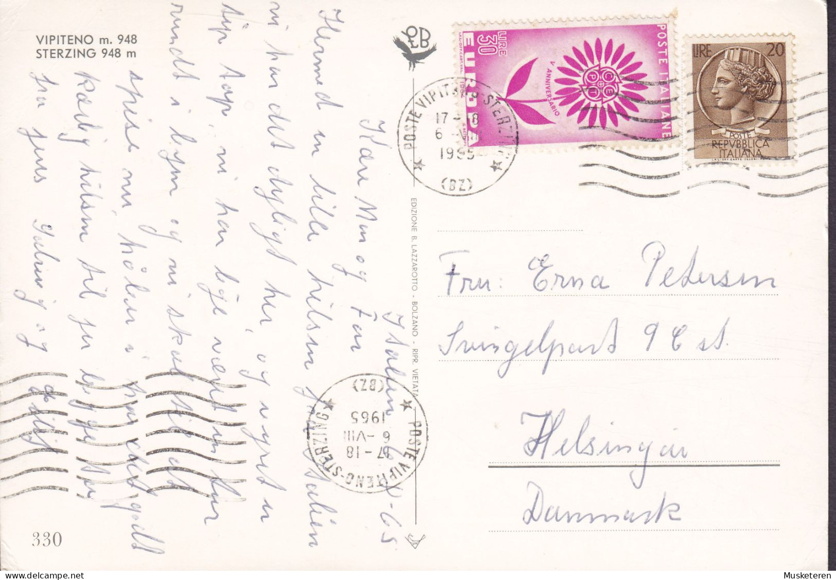 Italy PPC Vipiteno Sterzing VIPITENO 1965 Sent To Denmark Europa CEPT (2 Scans) - Vipiteno