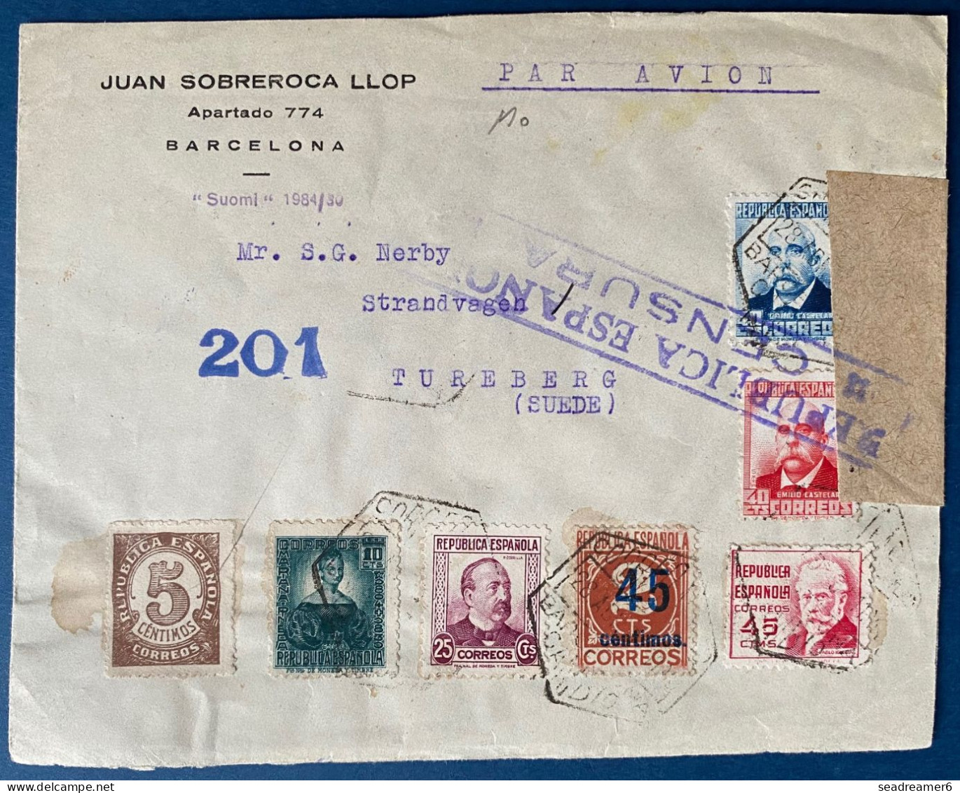 España 1938 Carta Correo Aero De BARCELONA Por TUREBERG / SUEDE Por " LE BOURGET PORT AERIEN / SEINE " + STOCKHOLM FLYG - Briefe U. Dokumente