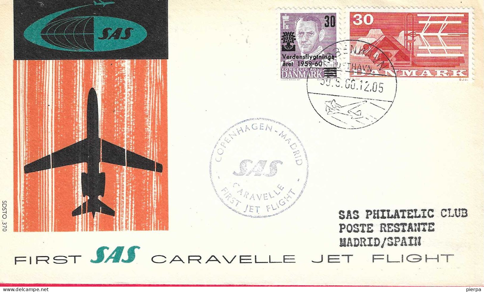 DANMARK - FIRST CARAVELLE FLIGHT - SAS - FROM KOBENHAVN TO MADRID *30.5.60* ON OFFICIAL COVER - Posta Aerea