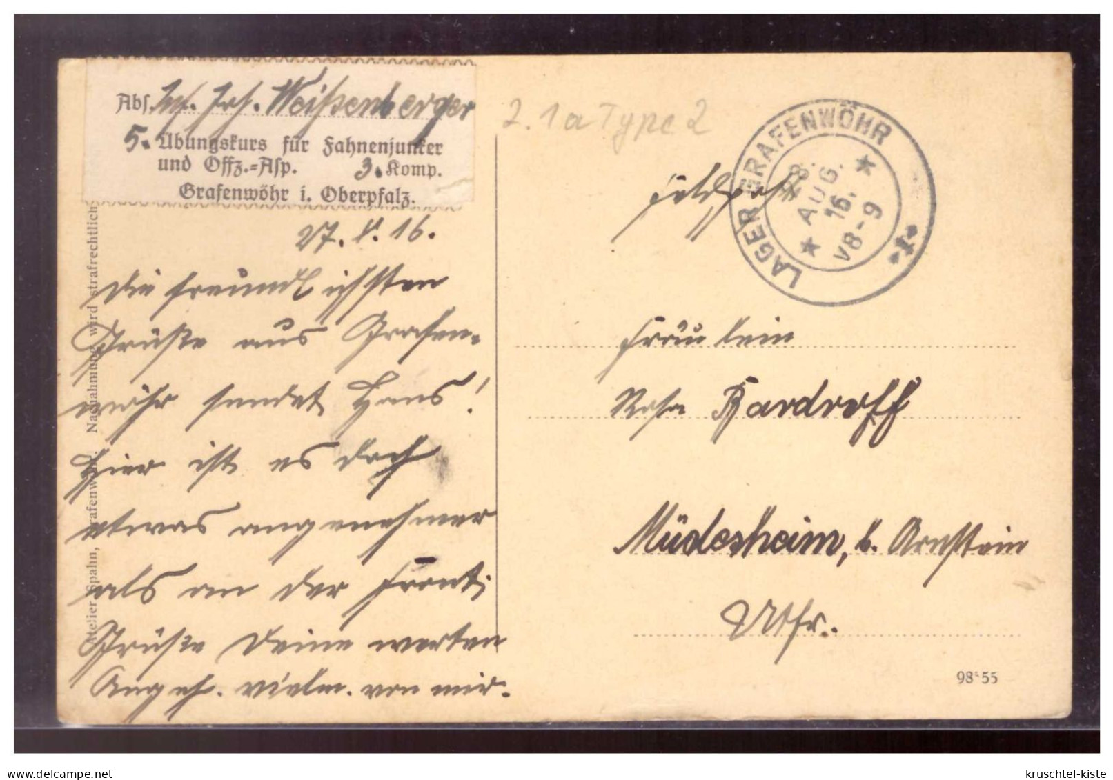 DT-Reich (021686) Propaganda Postkarte, Truppenlager Grafenwöhr, Luitpoldstraße, Gelaufen Mit RS Aufkleber 28.11.1916 - Neustadt Waldnaab