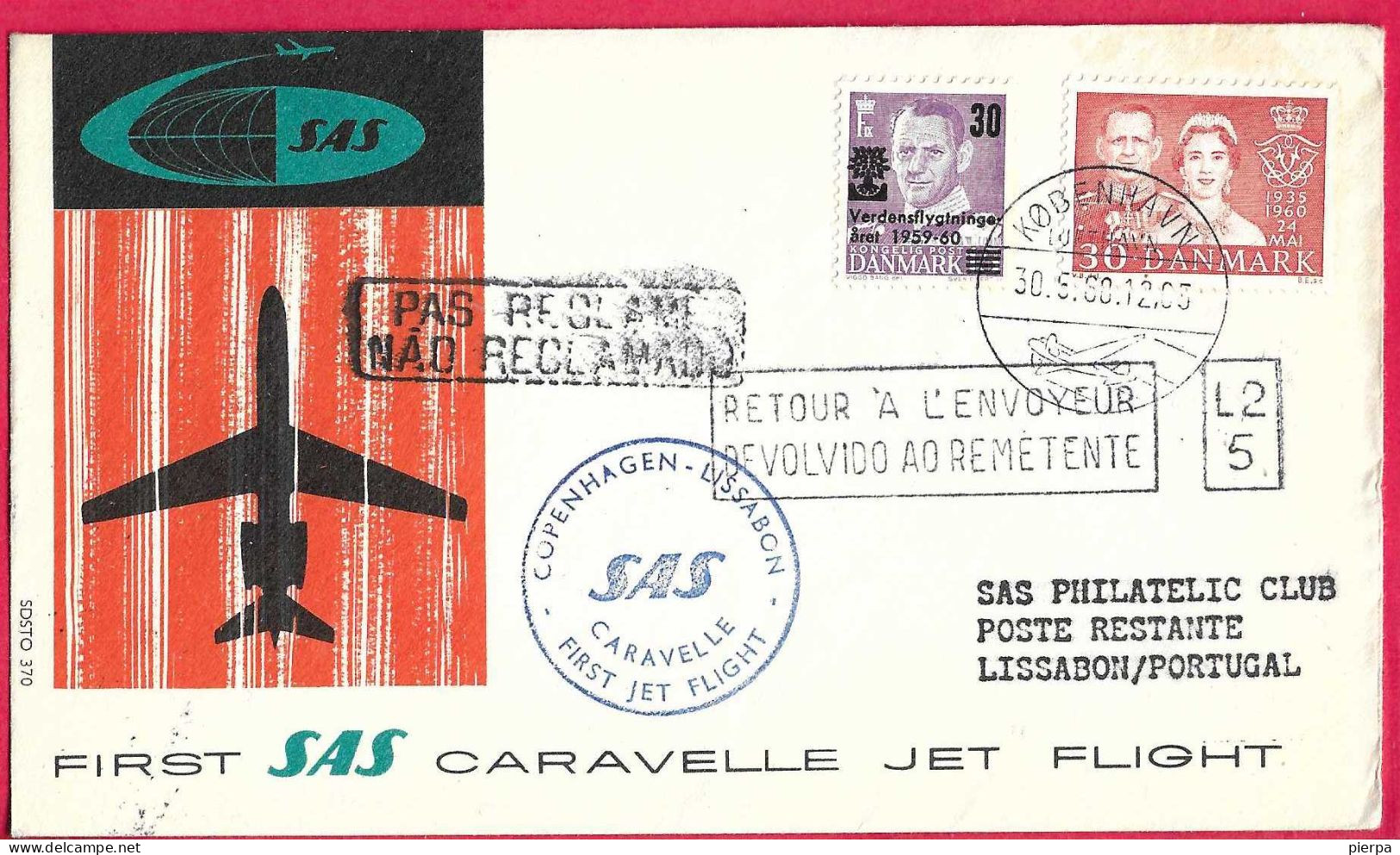 DANMARK - FIRST CARAVELLE FLIGHT - SAS - FROM KOBENHAVN TO LISBONA *30.5.60* ON OFFICIAL COVER - Poste Aérienne