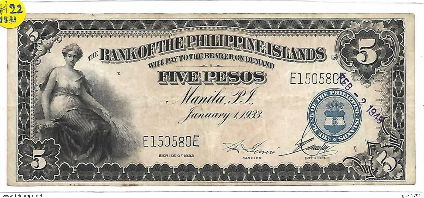 PHILIPPINES 5 Piso #22  1er Janvier 1933 Allégorie Féminine,   TTB - Philippines