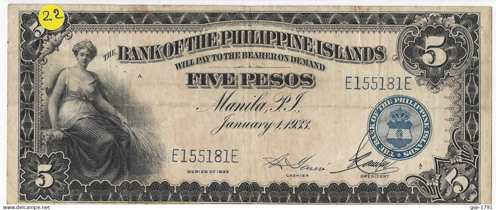 PHILIPPINES 5 Piso #22  1er Janvier 1933 Allégorie Féminine,   TB+ - Philippines
