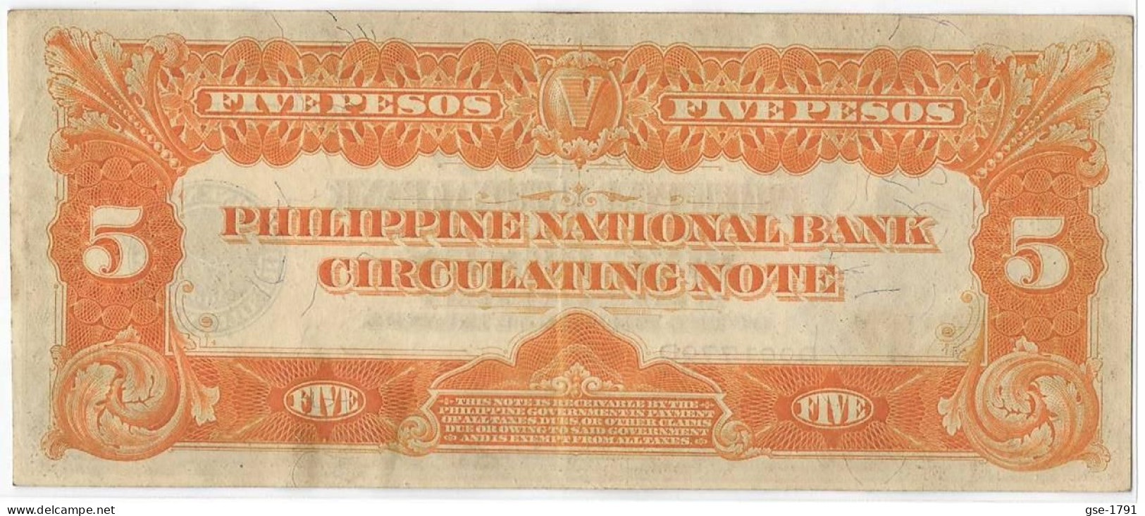 PHILIPPINES 5 Piso #53  Série 1921  Mc KINLEY   Pr. SUP. - Philippines