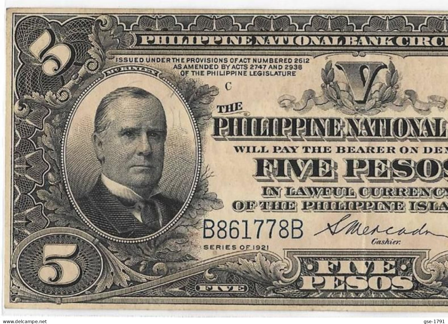 PHILIPPINES 5 Piso #53  Série 1921  Mc KINLEY   Pr. SUP. - Philippines