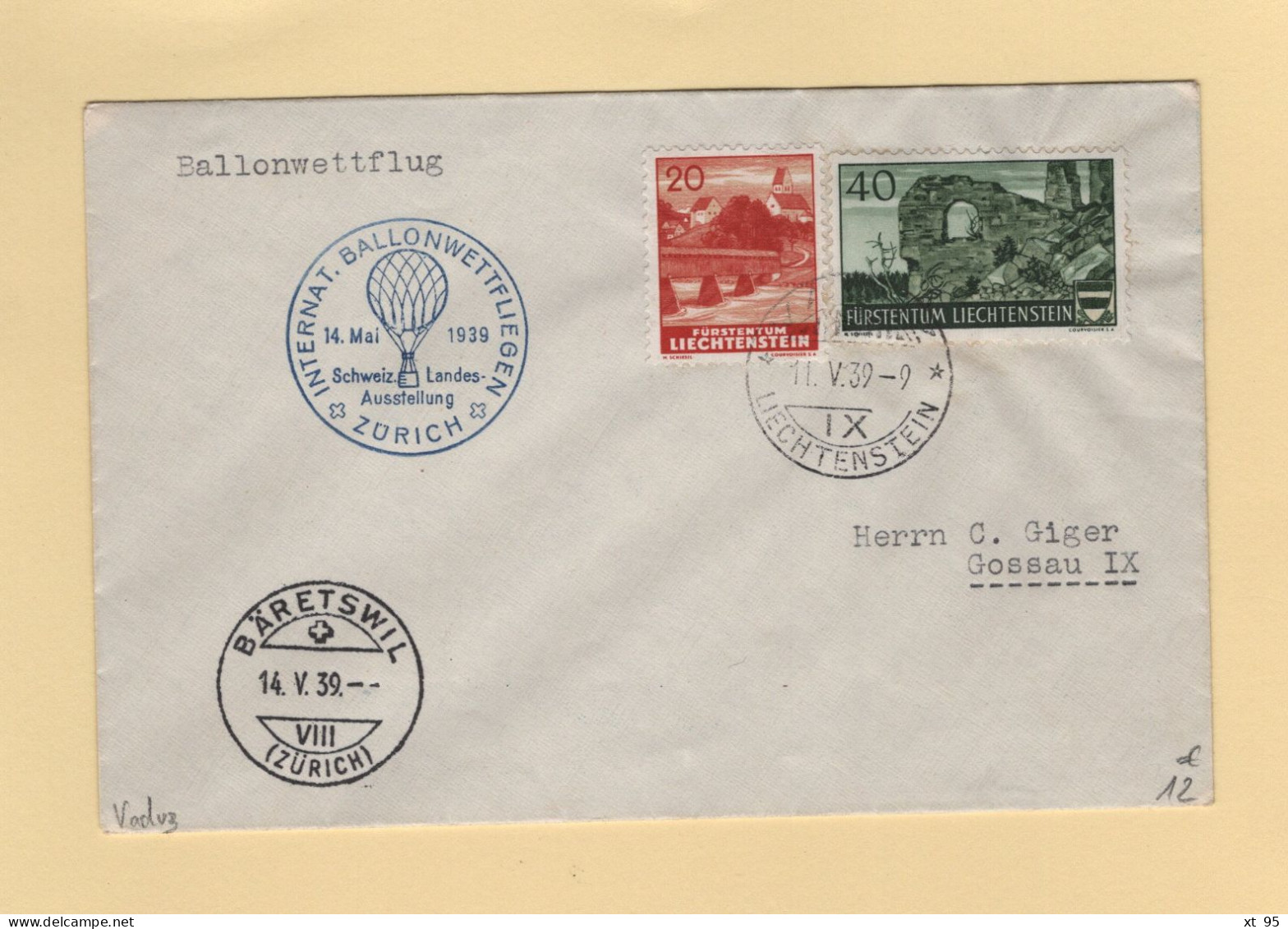 Vol Par Ballon - Liechtenstein Suisse - 1939 - Vaduz Baretswill Zurich - Storia Postale