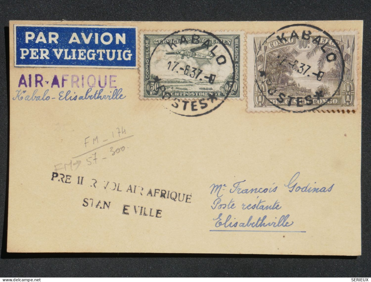 C CONGO BELGE BELLE CARTE RRR 1937 1ER VOL AIR AFRIQUE  PETIT BUREAU KABALO +AFFRANCH. PLAISANT + - Storia Postale