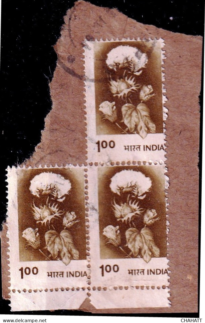 INDIA-AGRICULTURE- COTTON FLOWERS- BLOCK OF 3- USED ON PAPER-100P- ERROR- FRAME SHIFTING -FU- H2-26 - Agriculture