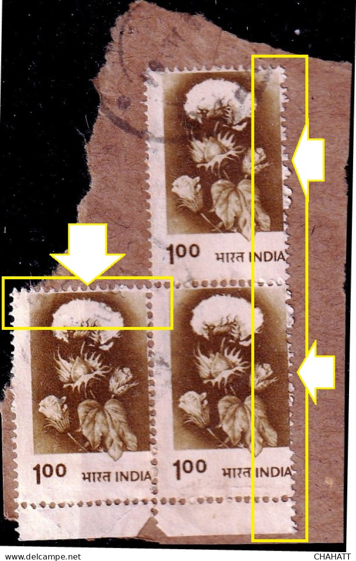 INDIA-AGRICULTURE- COTTON FLOWERS- BLOCK OF 3- USED ON PAPER-100P- ERROR- FRAME SHIFTING -FU- H2-26 - Agriculture