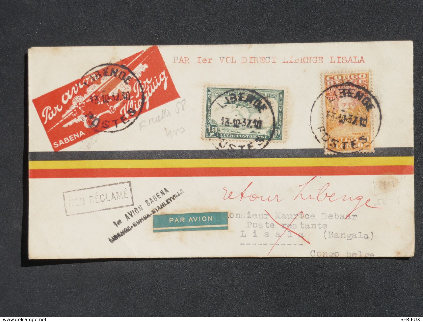 BQ11 CONGO BELGE BELLE ATTRE  RR 1937 1ER VOL PAR SABENA  LIBENGE A LISALA +AFFRANCH.INTERESSANT + - Lettres & Documents