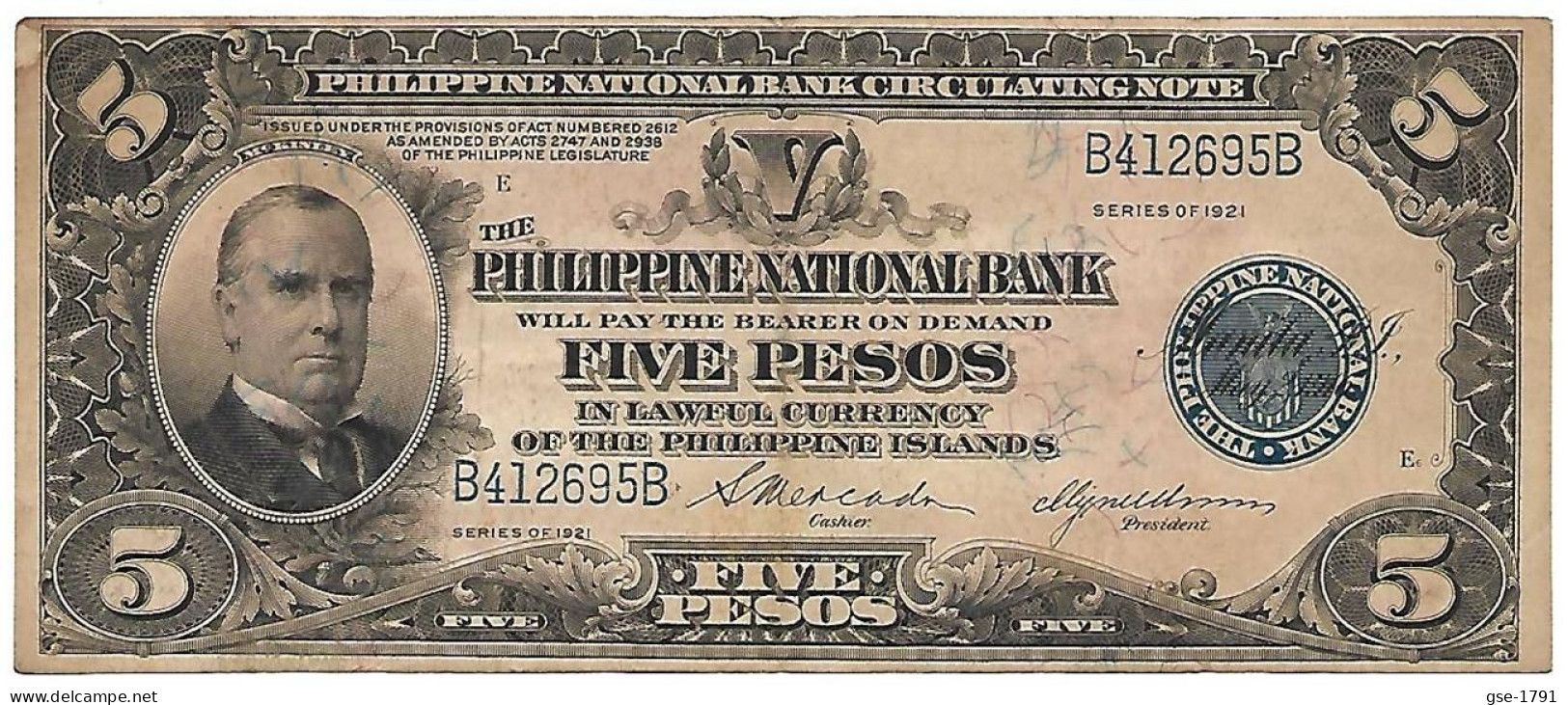 PHILIPPINES 5 Piso #53  Série De 1921 Mc KINLEY    , TTB+ - Philippines