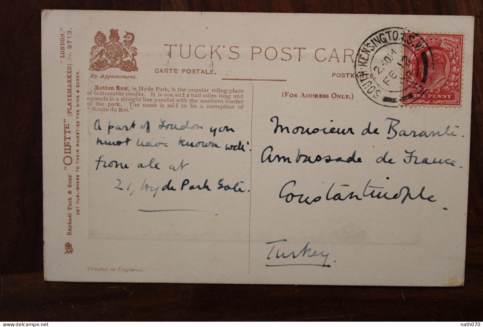 1912 Cpa AK GB London Hyden Park British Post Office Levant Constantinople Turquie Ottoman Ambassade France Cover - Levant Britannique