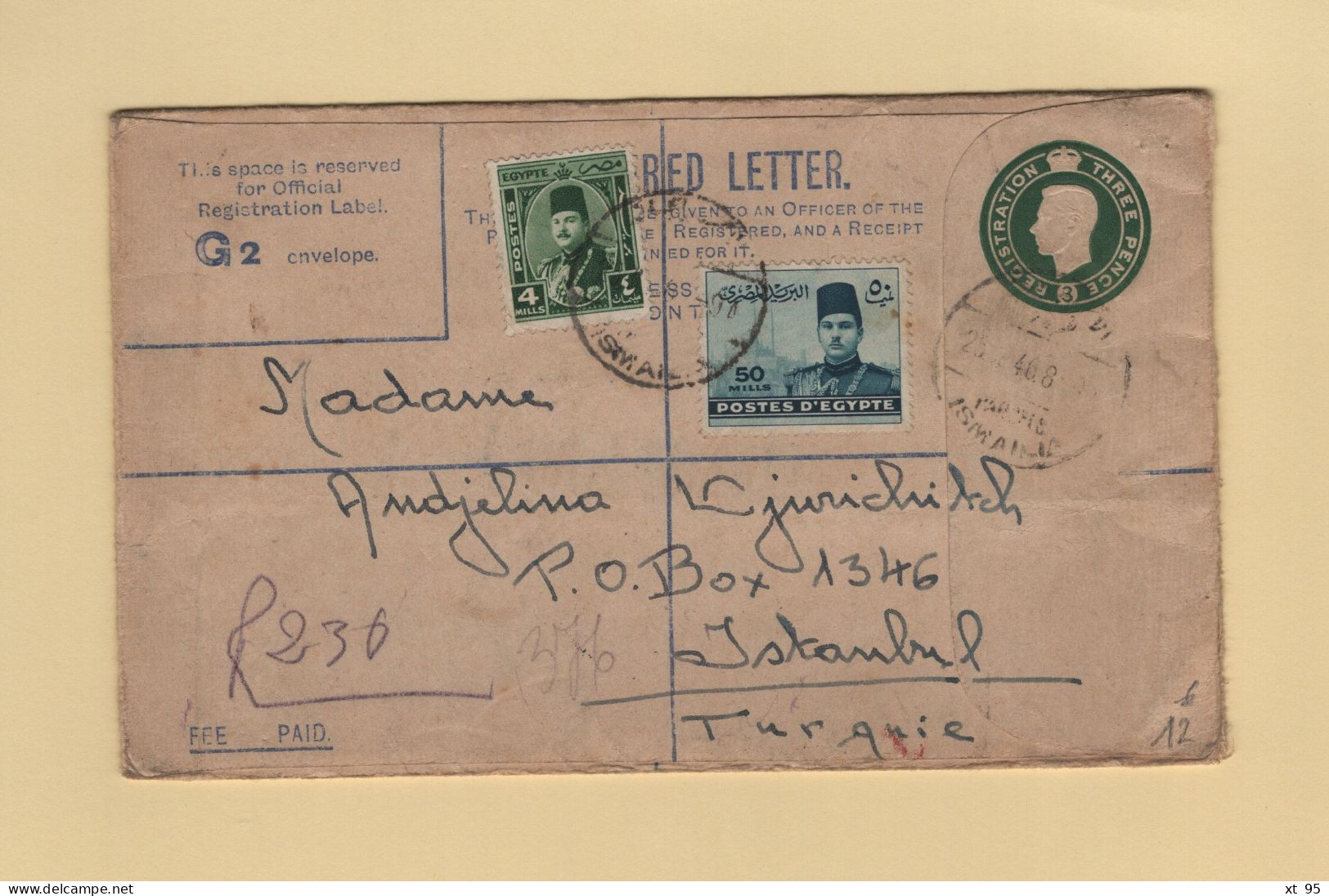 Egypte - Ismailia - 1946 - Recommande Destination Turquie - Covers & Documents