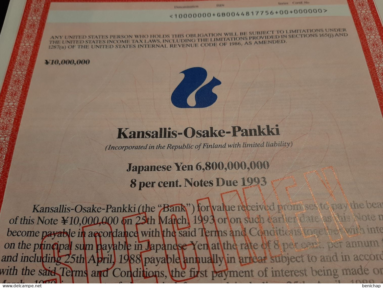 Bank Kansalis - Osake - Pankki - Titre "Specimen" - Japanese YEN - 8 % Notes Due 1993 - 25 Th April 1988. - Bank & Insurance