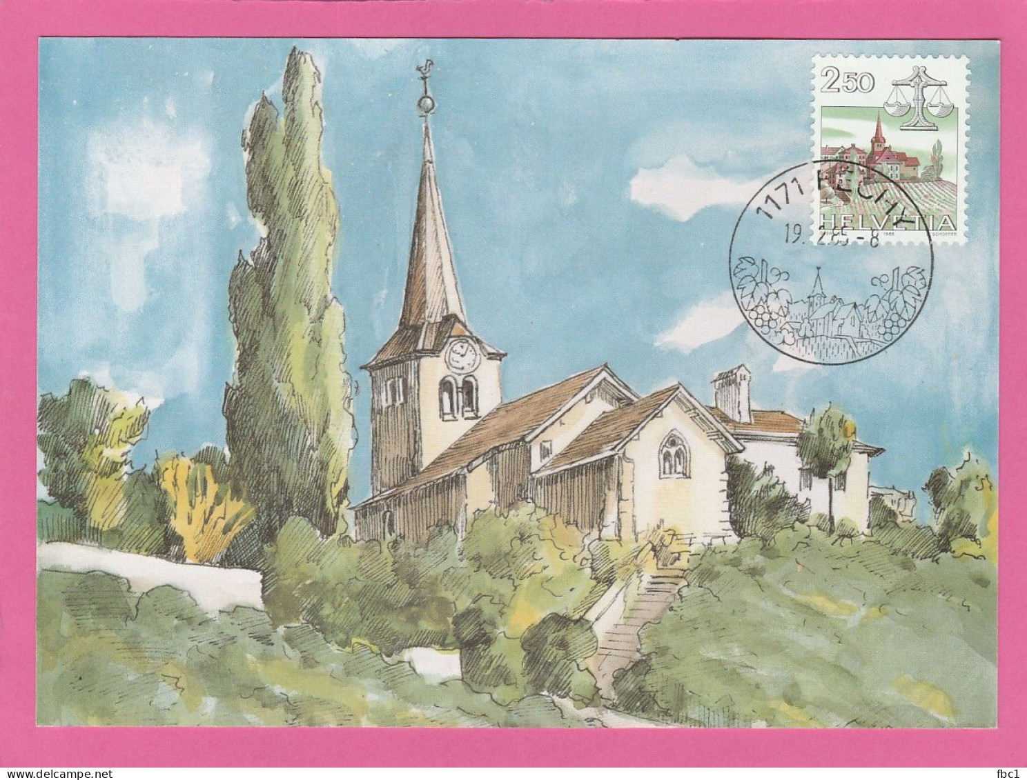 Suisse - Canton De Vaud - Carte Maximum Féchy - Eglise (Aquarelle De Gérard Liardon) 1985 - Féchy