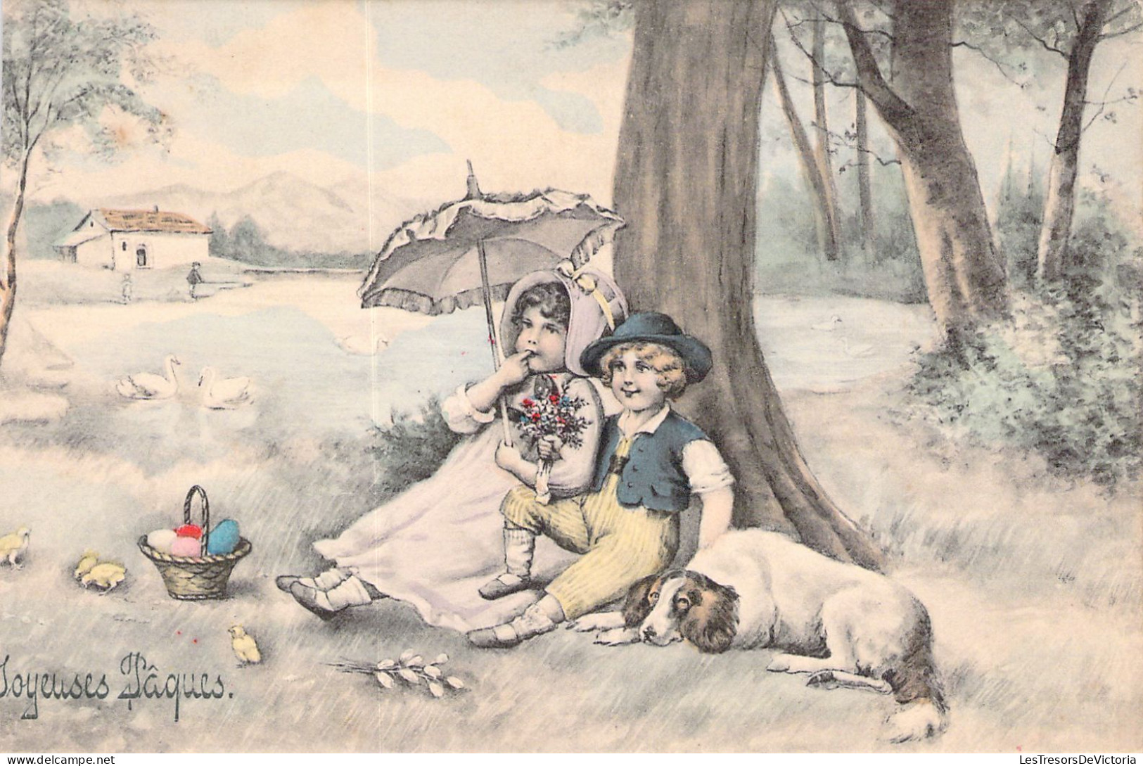 Pâques - Cartes Viennoise - Couple D'enfants Assis Au Pied D'un Arbre Avec Chien - Illustration - Carte Postale Animée - Pâques