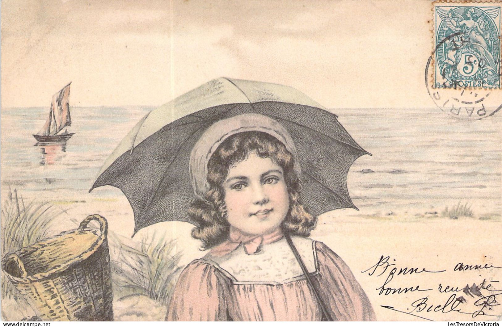 Cartes Viennoise - Portrait D'une Enfant Avec Son Ombrelle Sur La Côte - Bâteau - Illustration - Carte Postale Animée - Sonstige & Ohne Zuordnung