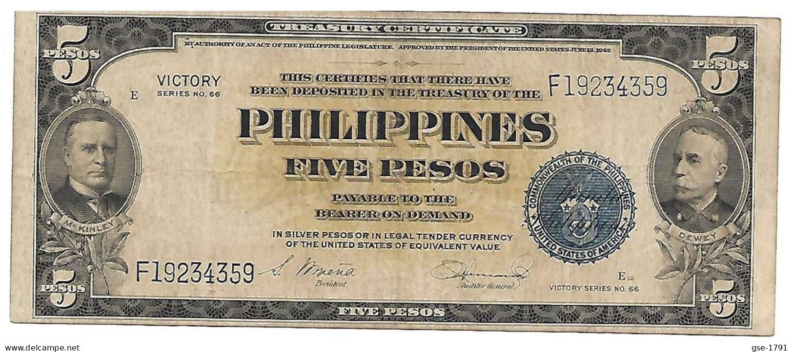 PHILIPPINES 5 Piso  VICTORY #96  Mc KINLEY & DEWEY  Série N°66   TB+ - Philippines