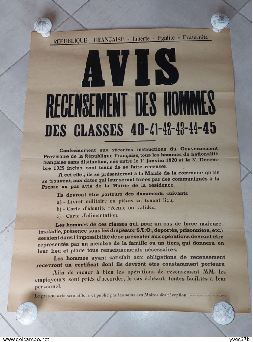 AFFICHE "Recensement Des Classes 40 à 45" - 56x75 - TTB - Affiches