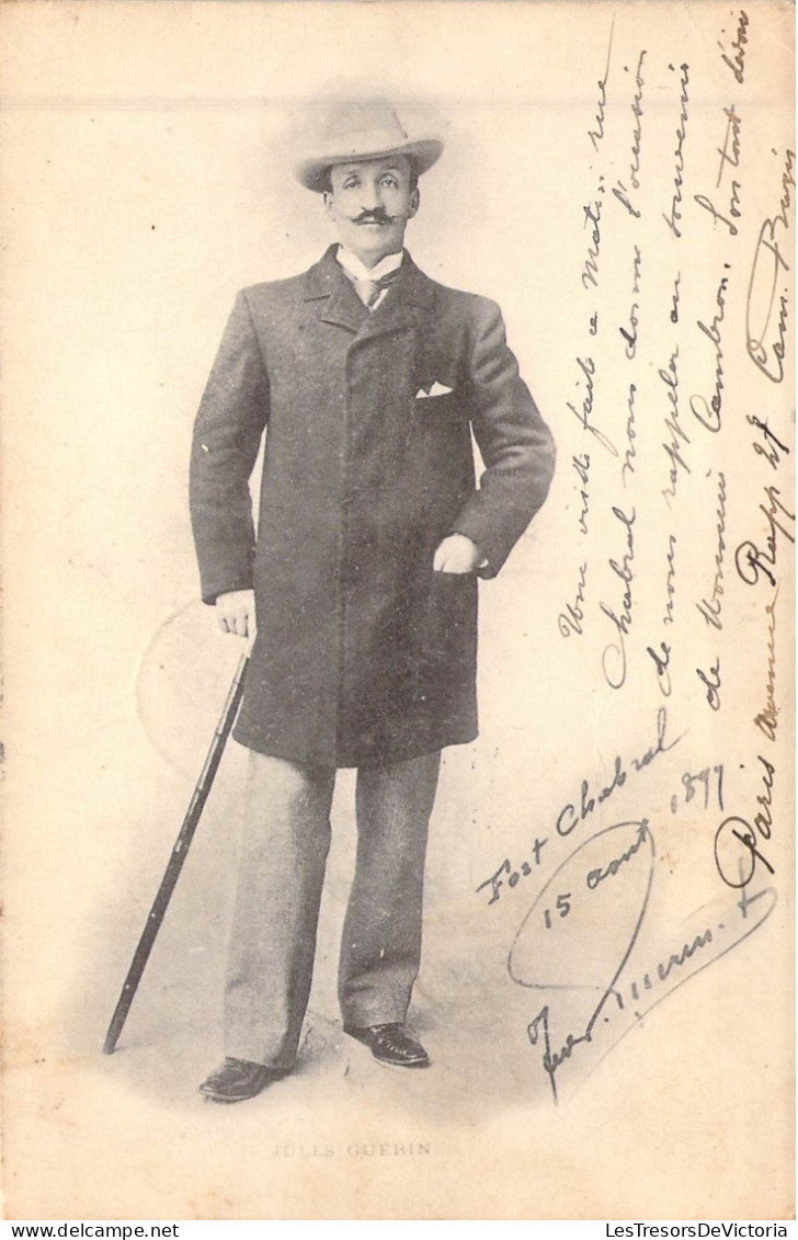 FANTAISIE - Homme - Portrait - Moustache - Chapeau - Canne - Carte Postale Ancienne - Hombres