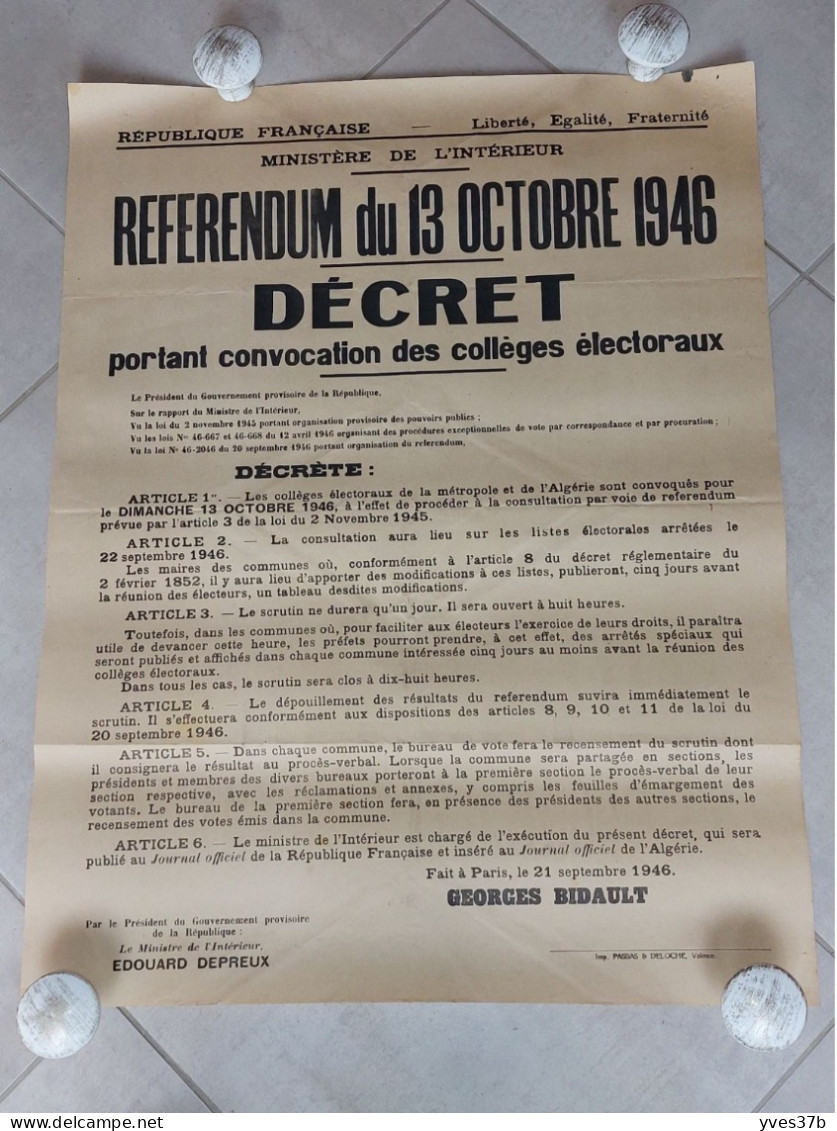 AFFICHE "Référendum 13 Oct. 1946" - 50x75 - TTB - Manifesti