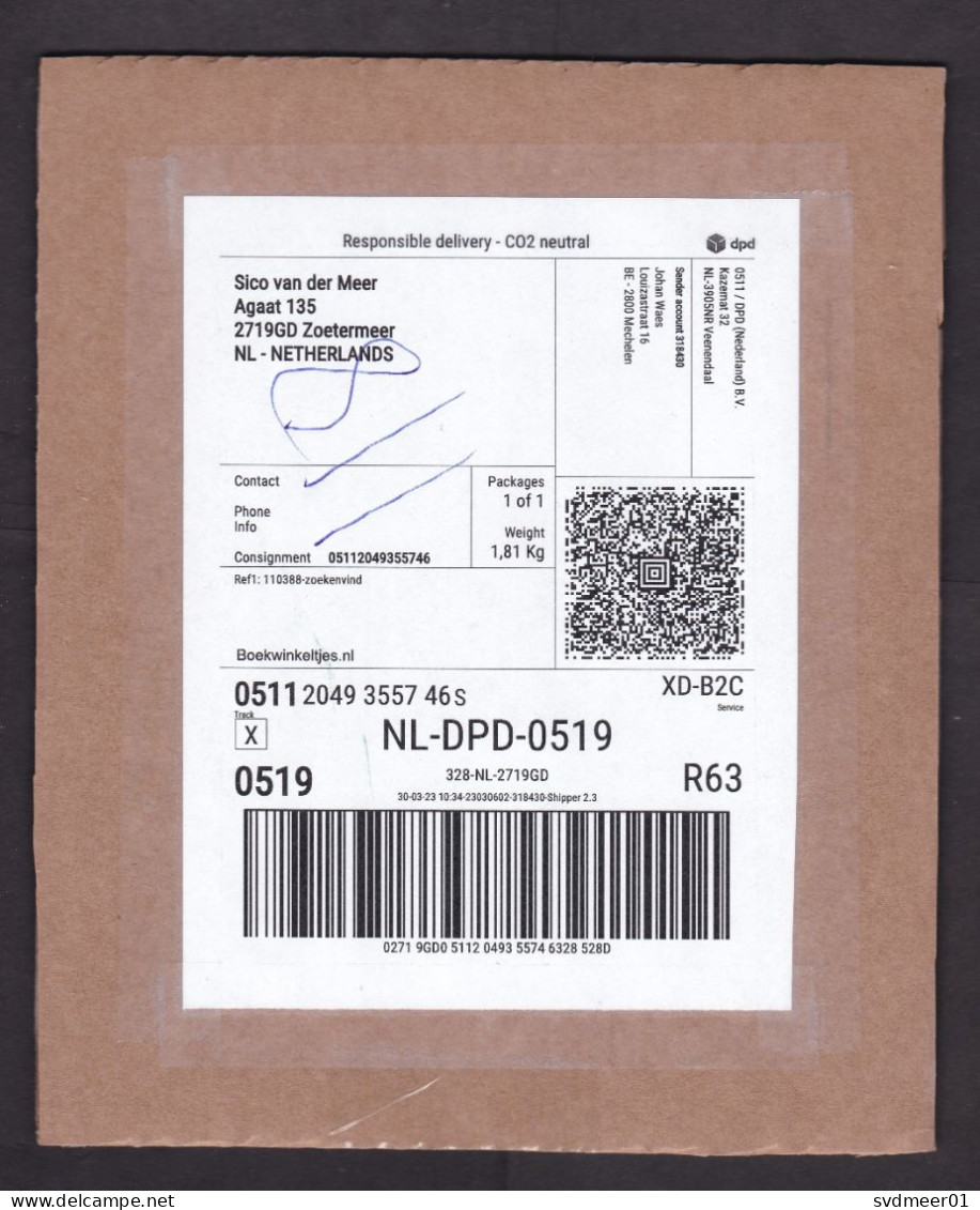 Belgium: Parcel Fragment (cut-out) To Netherlands, 2023, Self-printed Label Private Postal Service DPD, QR (pen Number) - Briefe U. Dokumente