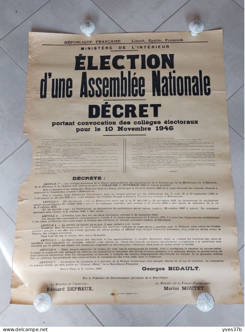 AFFICHE " ELECTION D'une ASSEMBLEE NATIONALE 10 Nov. 1946" - 63x85 - Avec Manque - Plakate