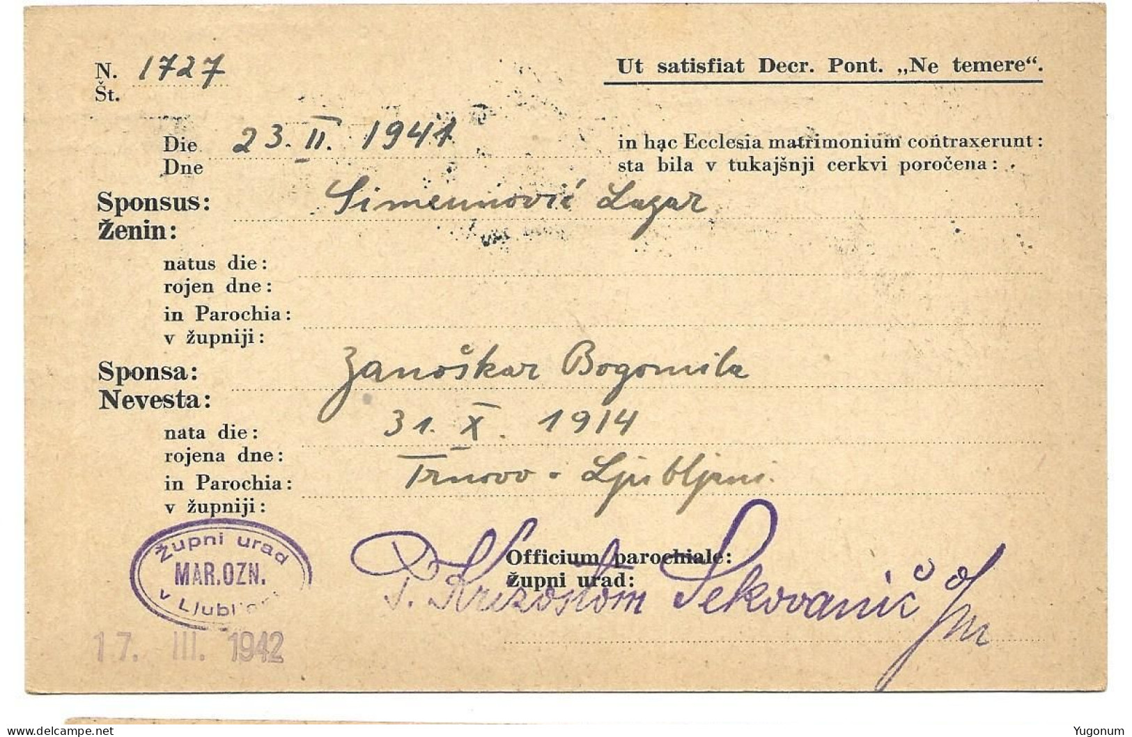 ITALY WWII 1942 Stationary With Large Stamp "Zupni Urad Mar. Oznanjenja V Ljubljani" , Lubiana (No 2216) - Lubiana