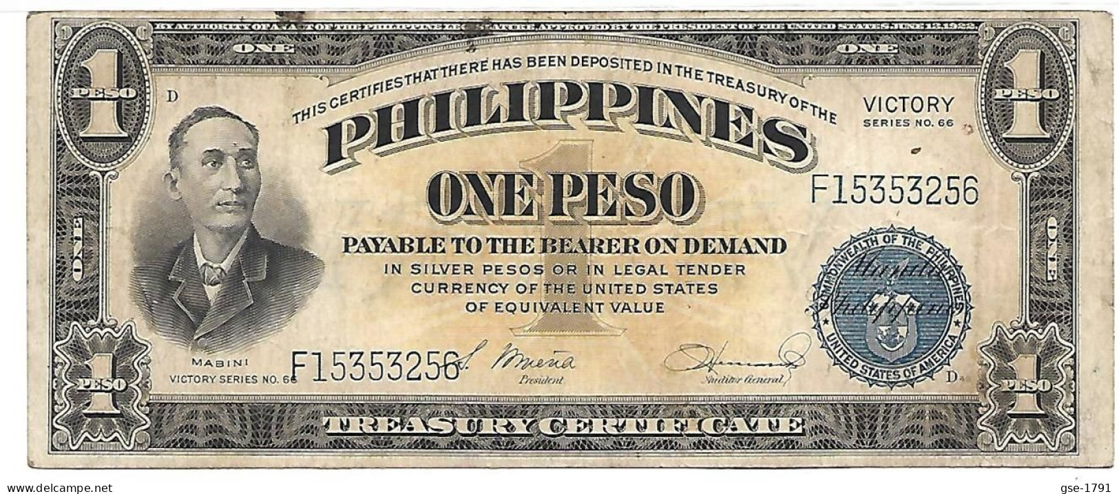 PHILIPPINES 1 Piso VICTORY N°66 MABINI  #94   Série De 1936   TB+ - Philippines