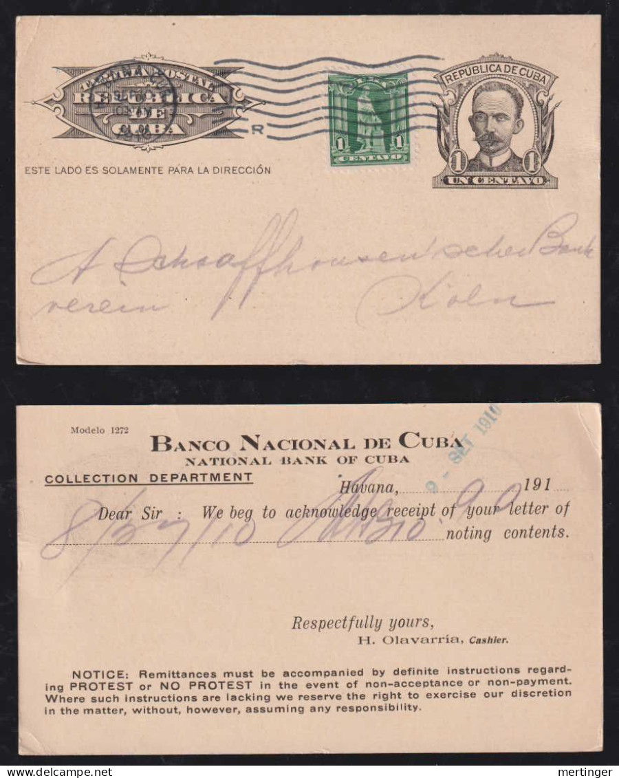 Kuba Cuba 1910 Uprated Stationery Postcard HABANA X KÖLN Germany Private Imprint BANCO NACIONAL DE CUBA - Briefe U. Dokumente