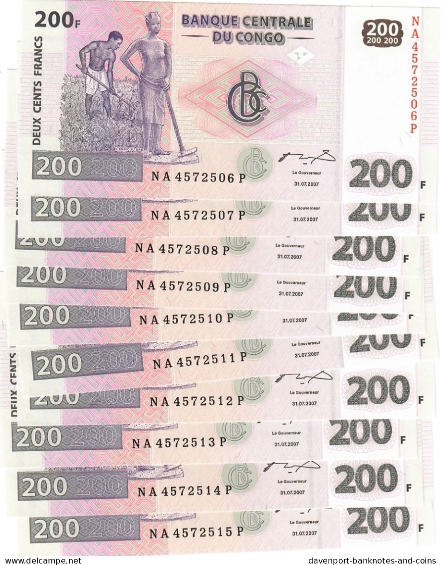 Congo (Democratic Rep) 10x 200 Francs 2007 UNC - Democratic Republic Of The Congo & Zaire