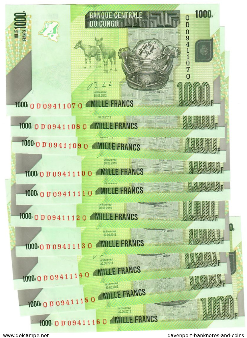 Congo (Democratic Rep) 10x 1000 Francs 2013 UNC - République Démocratique Du Congo & Zaïre