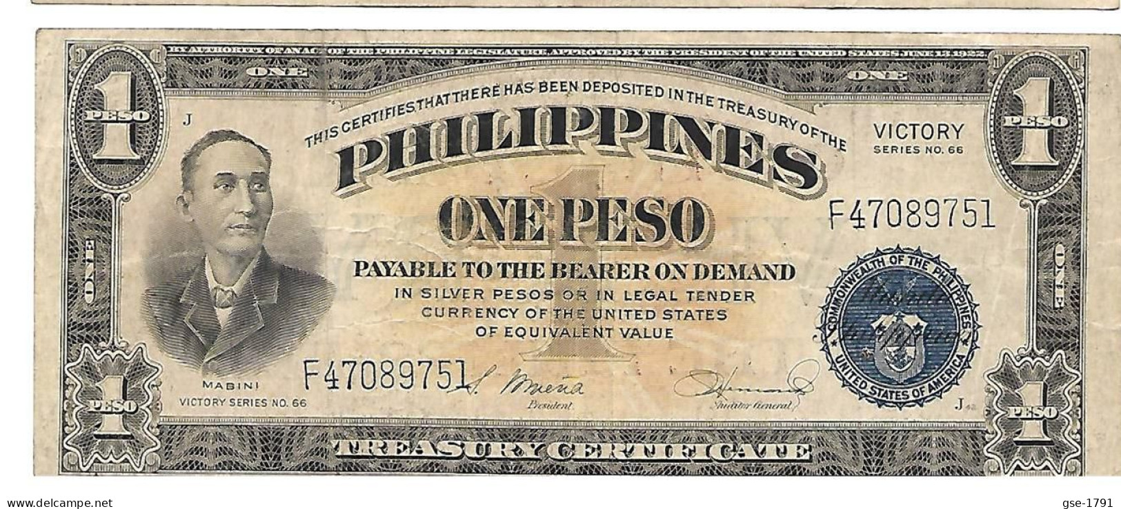 PHILIPPINES 1 Piso VICTORY N°66 MABINI  #117b     CENTRAL BANK  Moyen  TB - Philippines