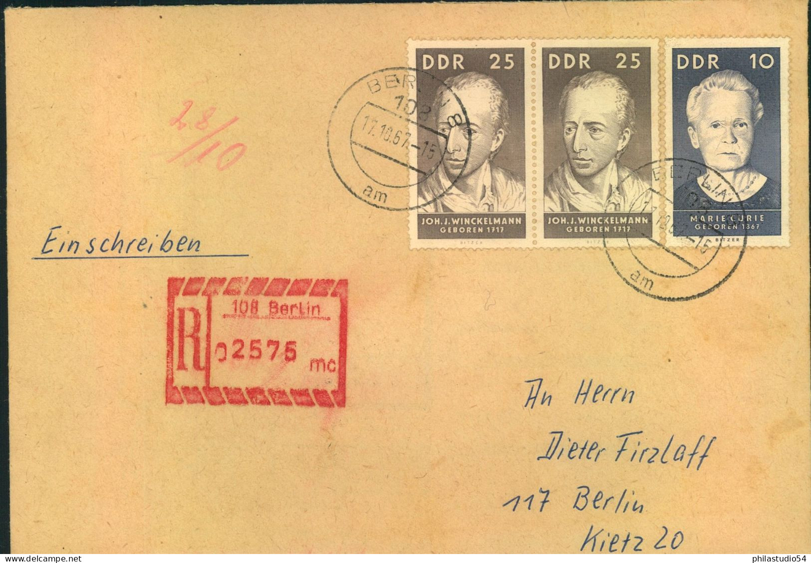 1967, Ortseinschreiben Mit Seltenem Numerator-R-Stempel "108 Berlin", Unterscheidungsbuchstabe "mc" Nach Berlin-Köpenick - Brieven En Documenten