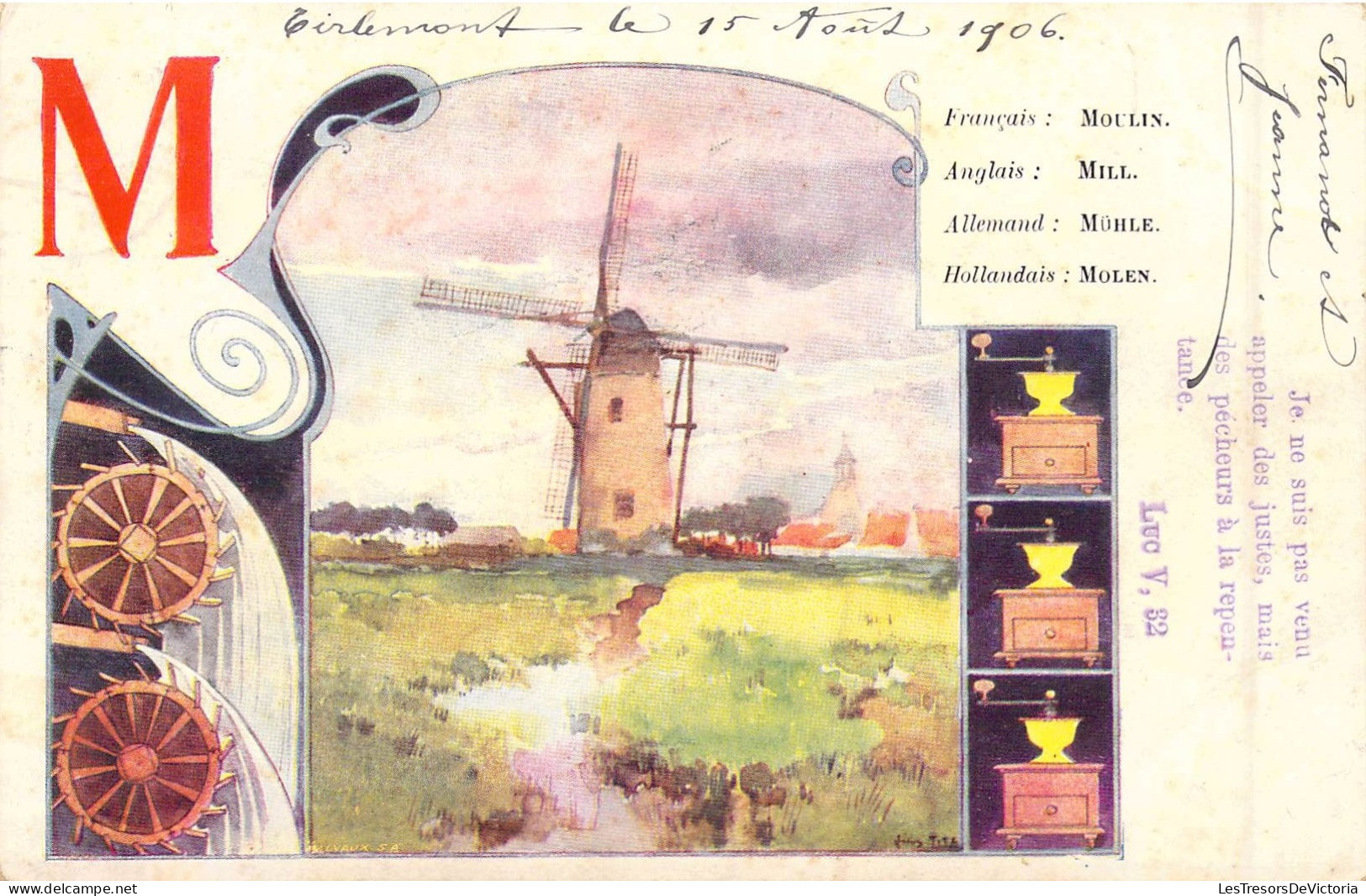 FANTAISIE - Alphabet - Lettre M - Moulin - Carte Postale Ancienne - Sonstige & Ohne Zuordnung