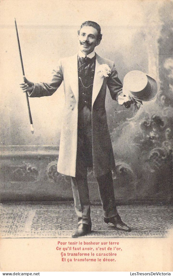 FANTAISIE - Homme - Moustache - Costume - Canne - Chapeau - Carte Postale Ancienne - Uomini