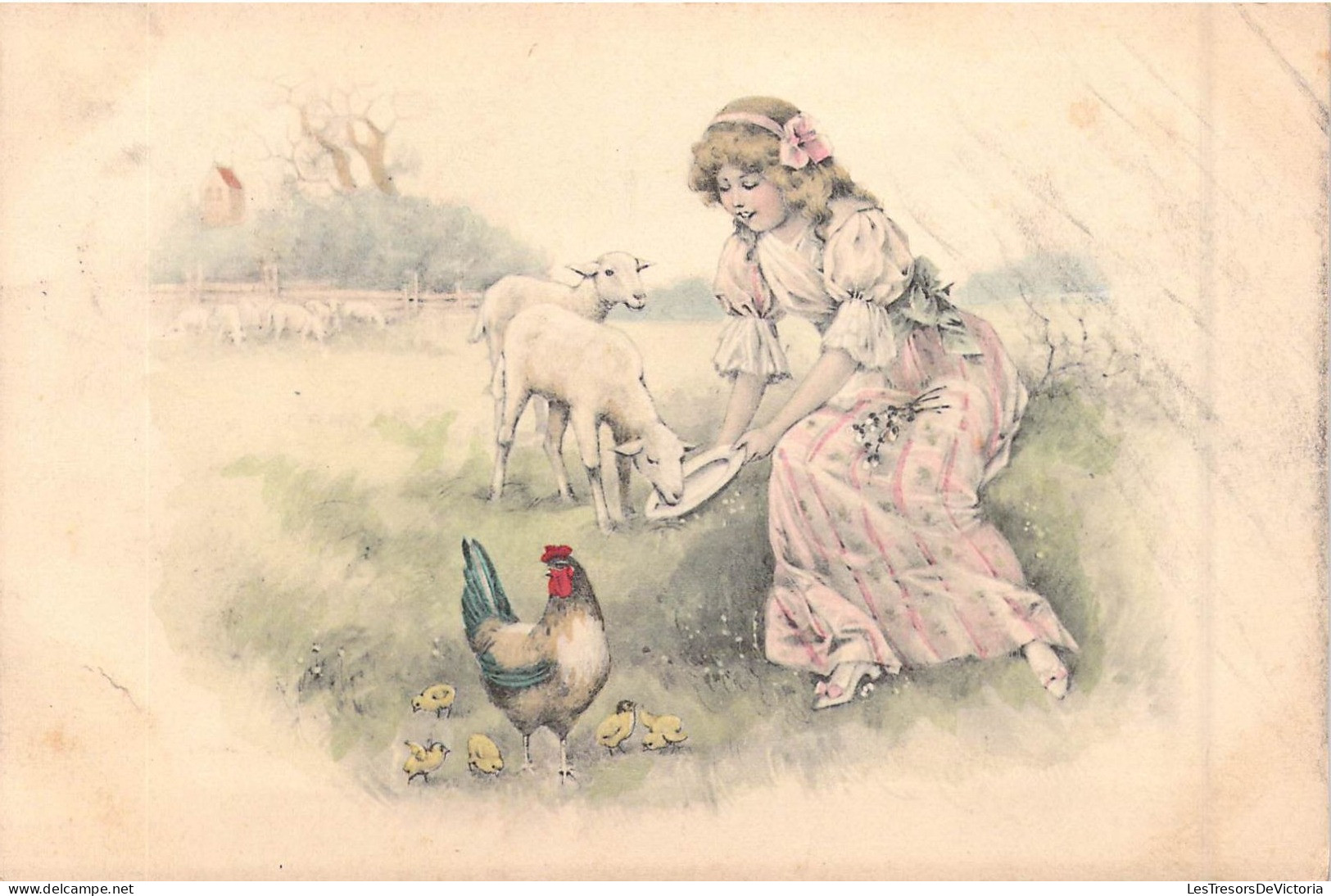 FANTAISIE - Fille - Enfant - Coq - Brebis - Carte Postale Ancienne - Sonstige & Ohne Zuordnung