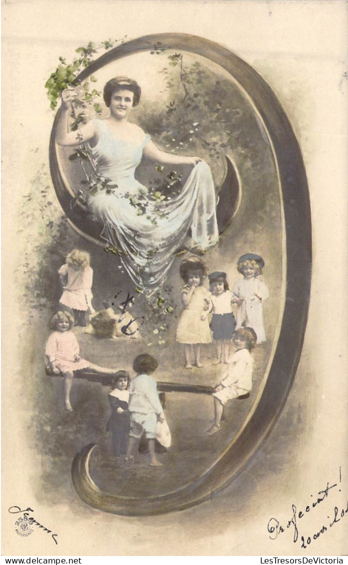 FANTAISIE - Chiffre - Chiffre 9 - Femme - Enfants - Carte Postale Ancienne - Borduurwerk