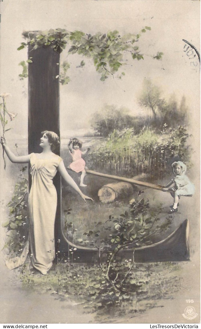 FANTAISIE - Alphabet - Lettre L - Femme - Enfants - Végétation - Carte Postale Ancienne - Ricamate