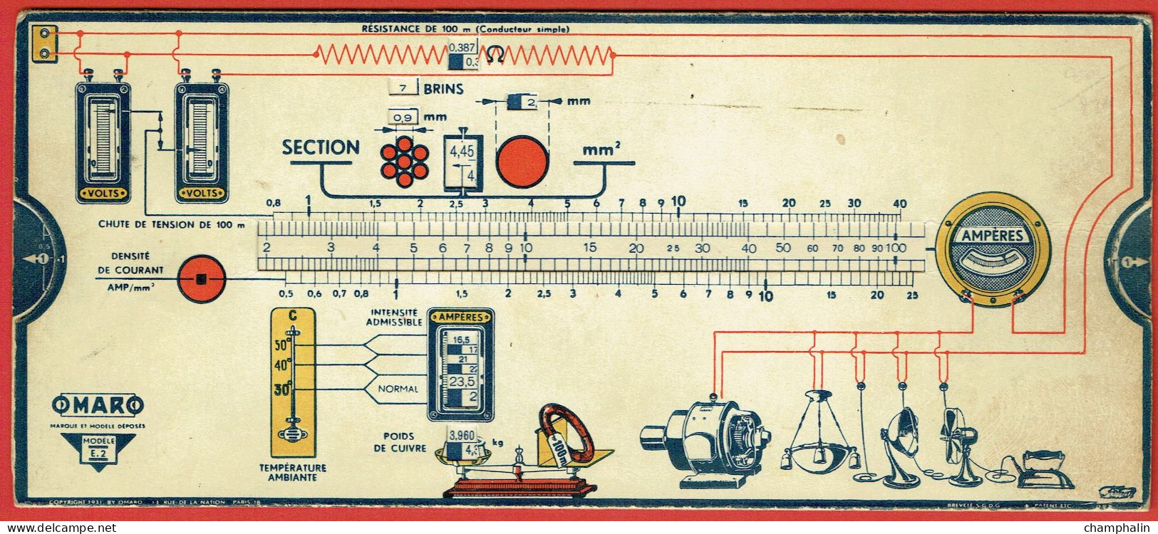 Abaques Omaro - Réglette De Calcul - Conducteurs Cuivre Pour Installations Intérieures - Modèle E.2 - Edition 1931 - Altri & Non Classificati