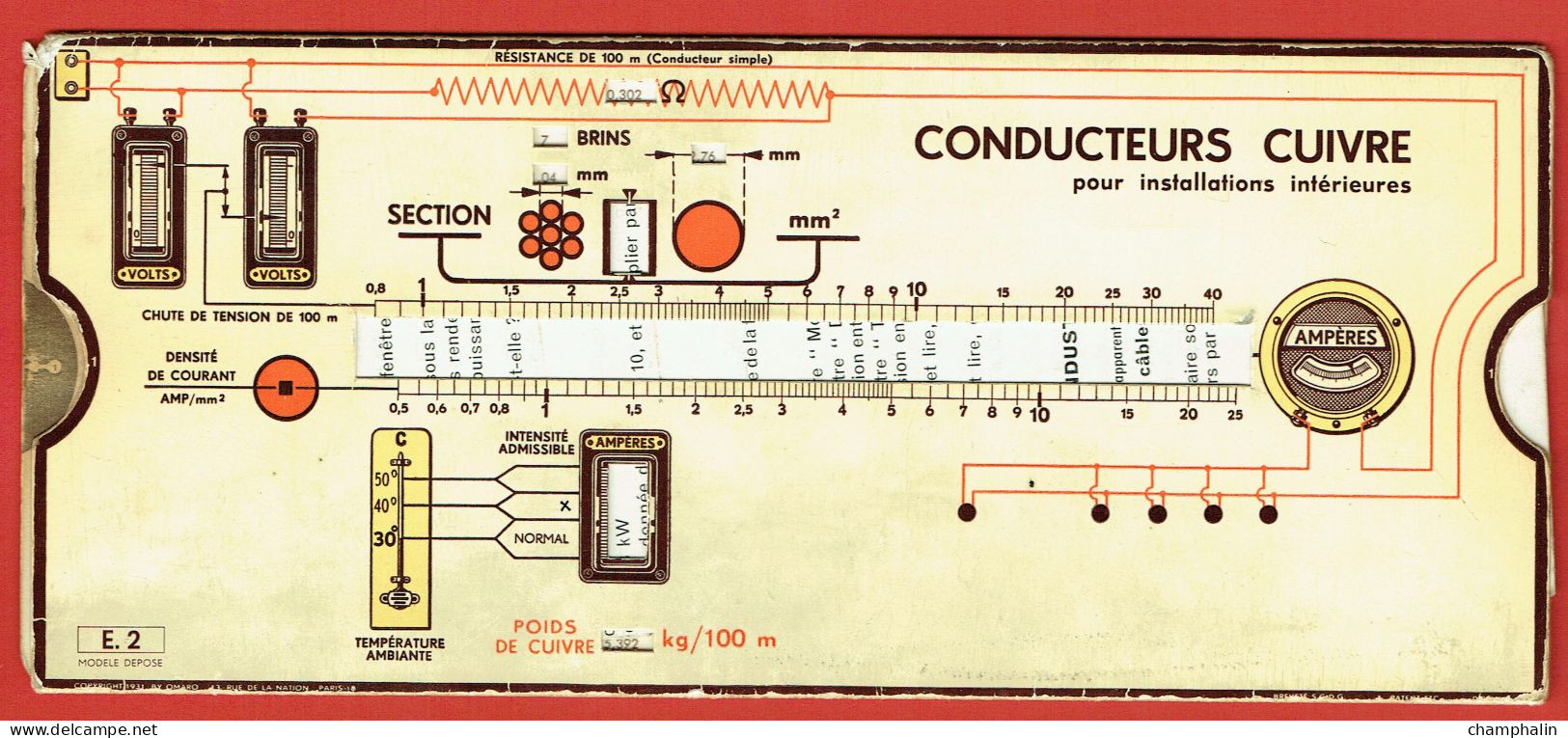 Abaque Omaro - Réglette De Calcul - Conducteurs Cuivre Pour Installations Intérieures - Modèle E.2 - Edition 1963 - Sonstige & Ohne Zuordnung