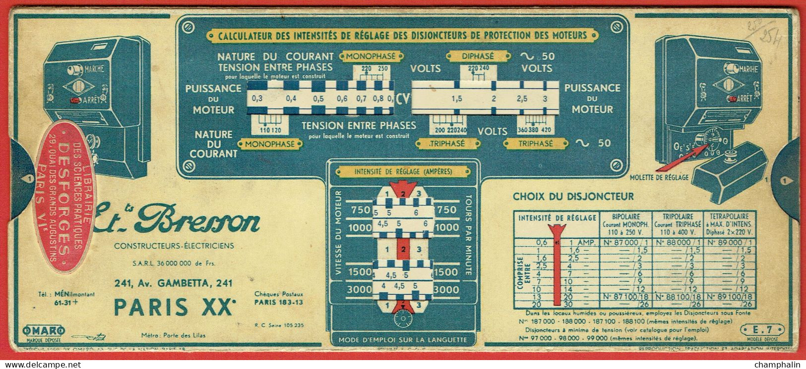 Abaque Omaro - Réglette De Calcul Intensité Réglage Disjoncteurs Protection Moteurs - Modèle E.7 - Edition 1950 Bresson - Other & Unclassified